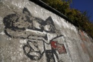 Talismana Vučko zīmējums uz sienas pie bijušās daiļslidošanas arēnas