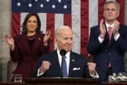 President Joe Biden delivers the State of the Union address to a joint session of Congress at the U.S. Capitol, Tuesday, Feb. 7, 2023, in Washington, as Vice President Kamala Harris and House Speaker Kevin McCarthy of Calif., applaud